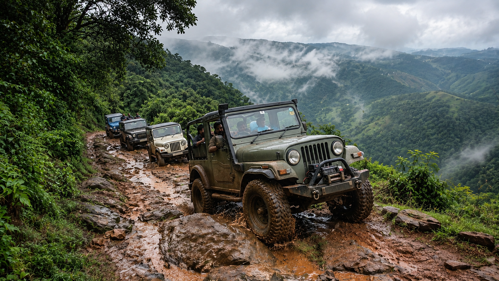 A single 4x4 on a red mud track between bamboo and moss-covered trunks